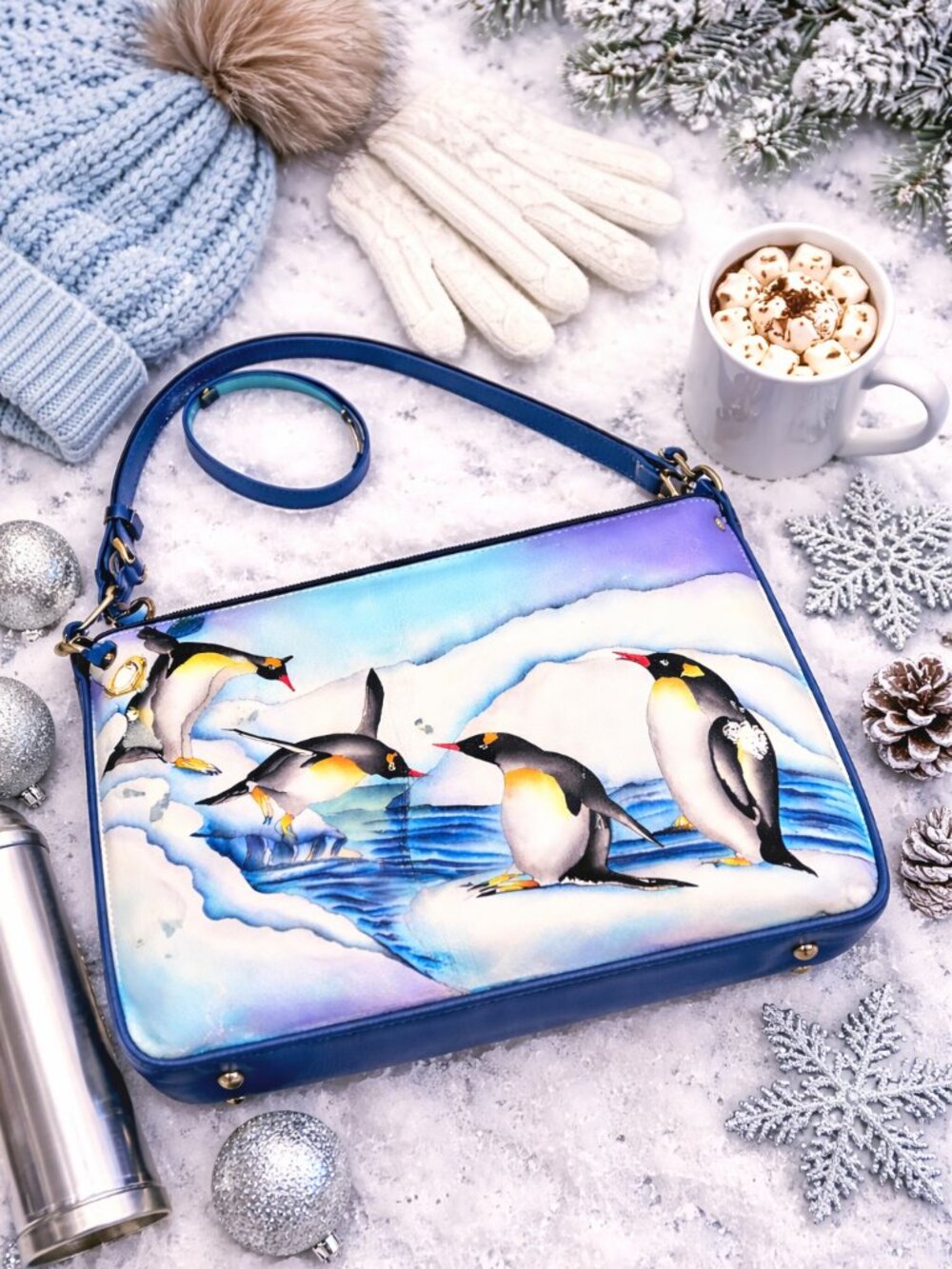 Anuschka Hand Painted Leather Crossbody Bag Penguin Arctic Scene Shoulder Purse